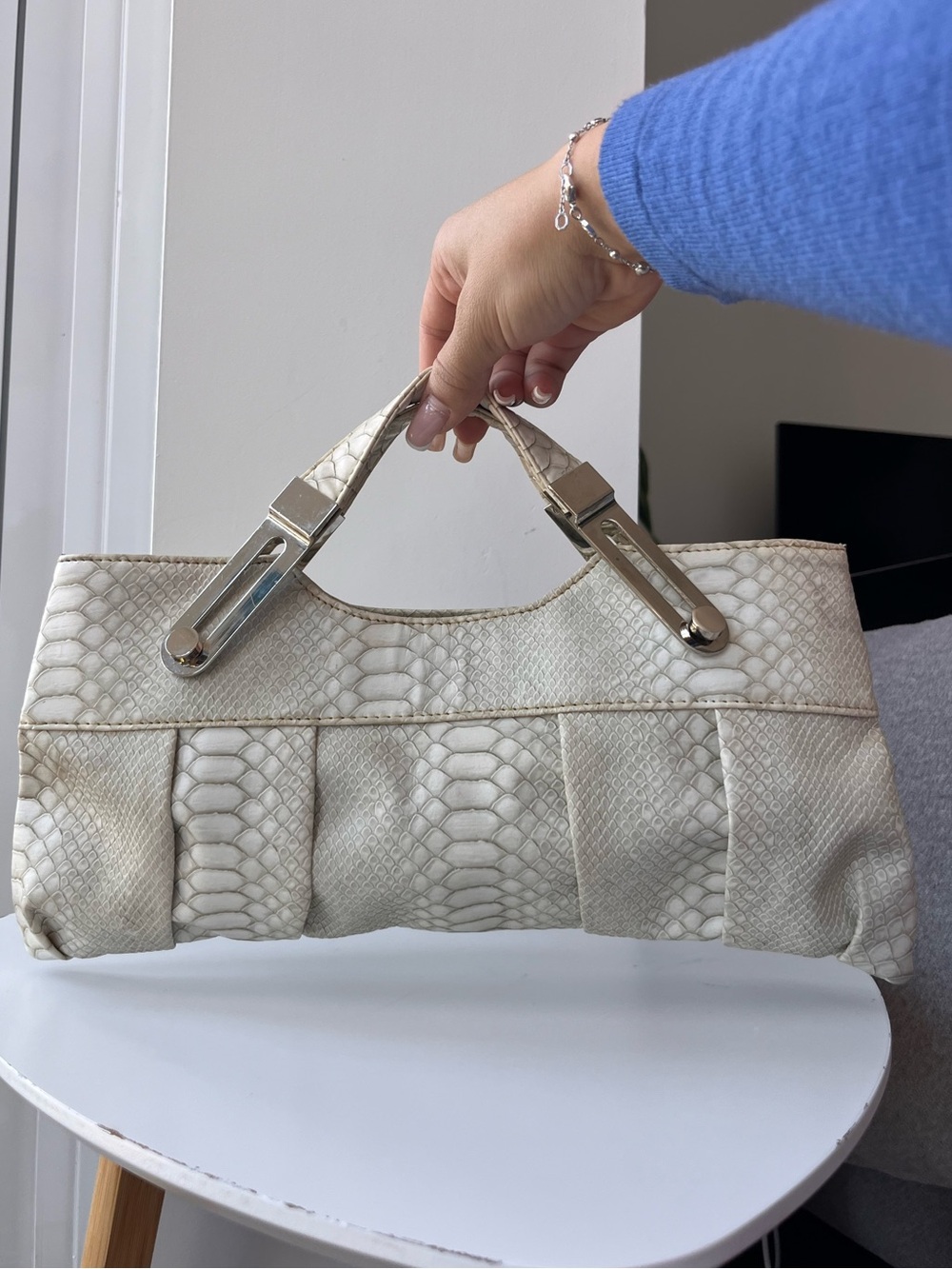 Y2K Vintage White Snake Embossed Top Handle Purse
